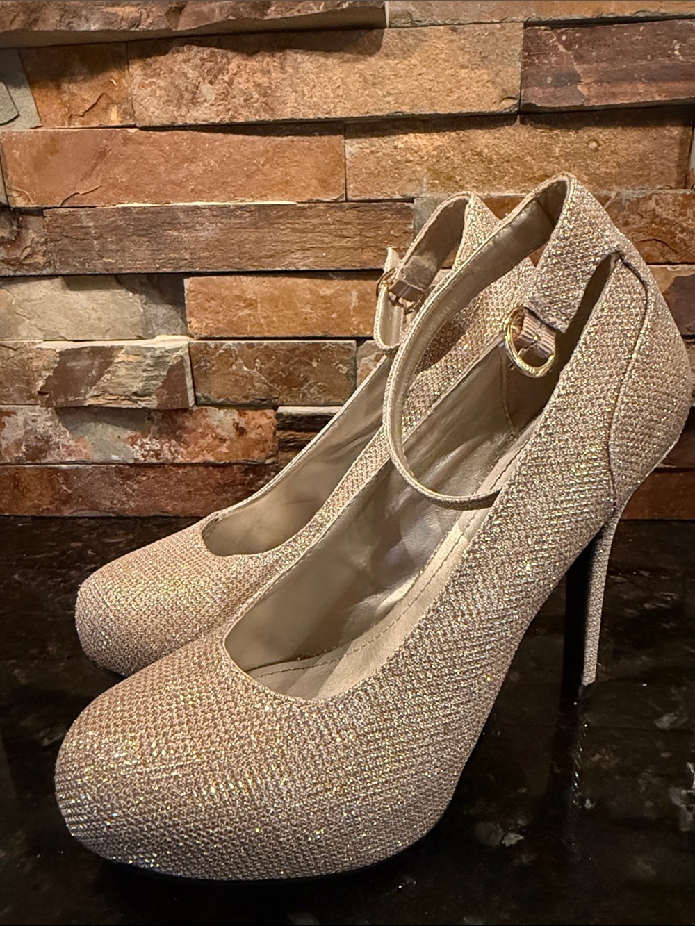 Madeline girl Glittered Nude Mary Jane Platform Heels